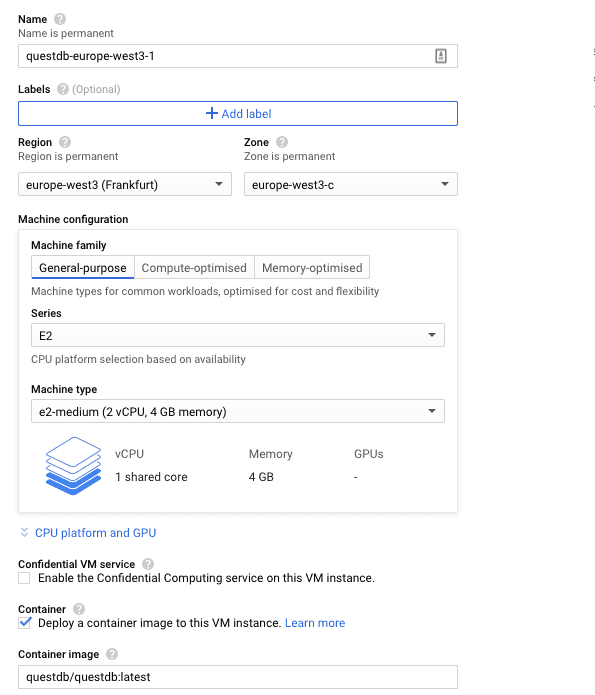 Deploying a QuestDB instance via Docker on Google Cloud Platform Compute Engine