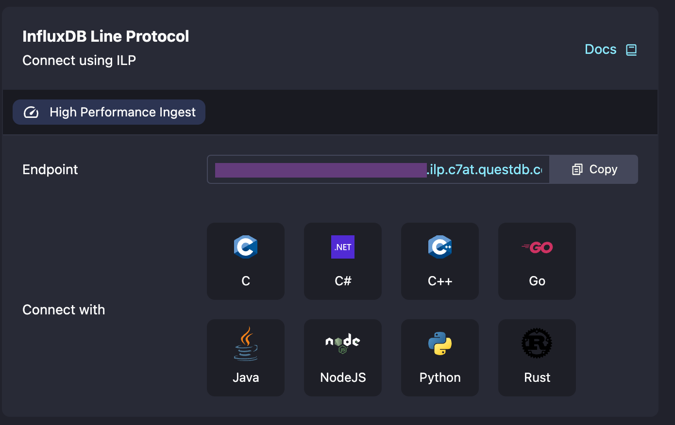 Screenshot of QuestDB Cloud Connect page
